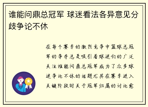 谁能问鼎总冠军 球迷看法各异意见分歧争论不休