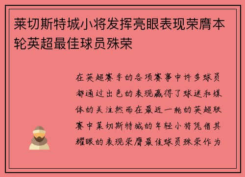 莱切斯特城小将发挥亮眼表现荣膺本轮英超最佳球员殊荣