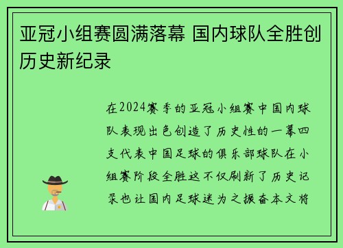 亚冠小组赛圆满落幕 国内球队全胜创历史新纪录