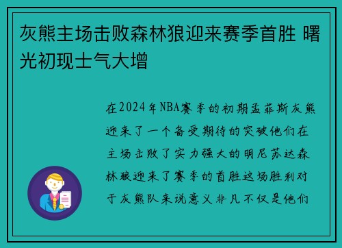 灰熊主场击败森林狼迎来赛季首胜 曙光初现士气大增