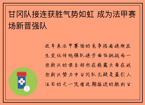 甘冈队接连获胜气势如虹 成为法甲赛场新晋强队