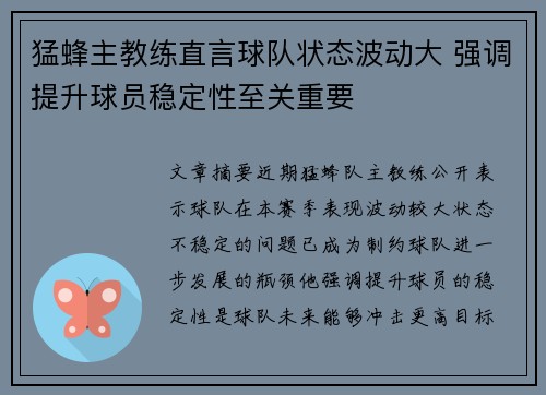 猛蜂主教练直言球队状态波动大 强调提升球员稳定性至关重要