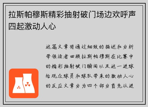 拉斯帕穆斯精彩抽射破门场边欢呼声四起激动人心