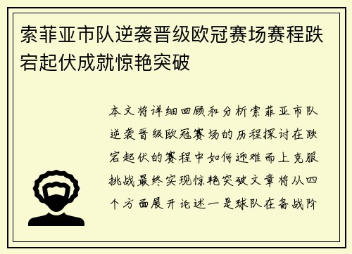 索菲亚市队逆袭晋级欧冠赛场赛程跌宕起伏成就惊艳突破