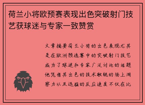 荷兰小将欧预赛表现出色突破射门技艺获球迷与专家一致赞赏