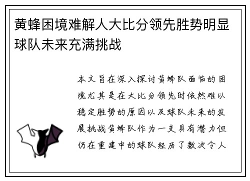黄蜂困境难解人大比分领先胜势明显球队未来充满挑战